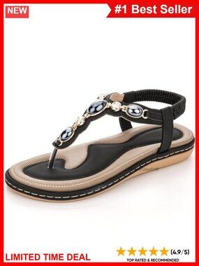 Wiradoo Women's Flat Sandals T-Strap Rhinestone Memory Foam Comfort